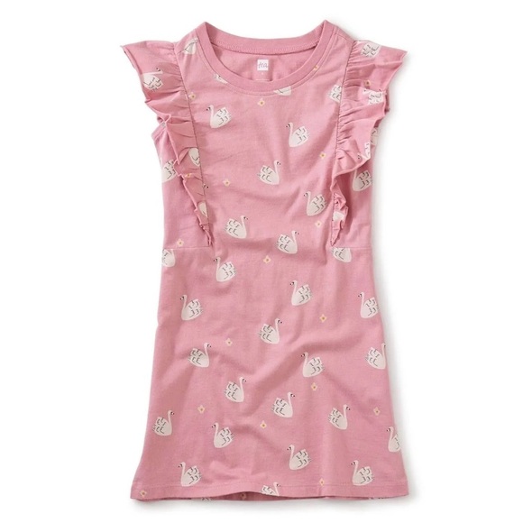 Tea Collection Girls' Short Sleeve Ruffle 3 Flaws Dress pink swans size 6 - Picture 1 of 1